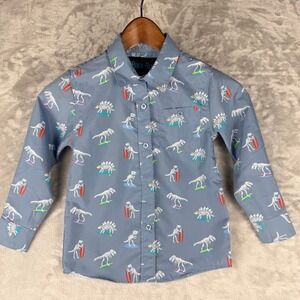Kids Bold Blue Dinosaur Surfing Button Down Shirt Size 4 Long Sleeve